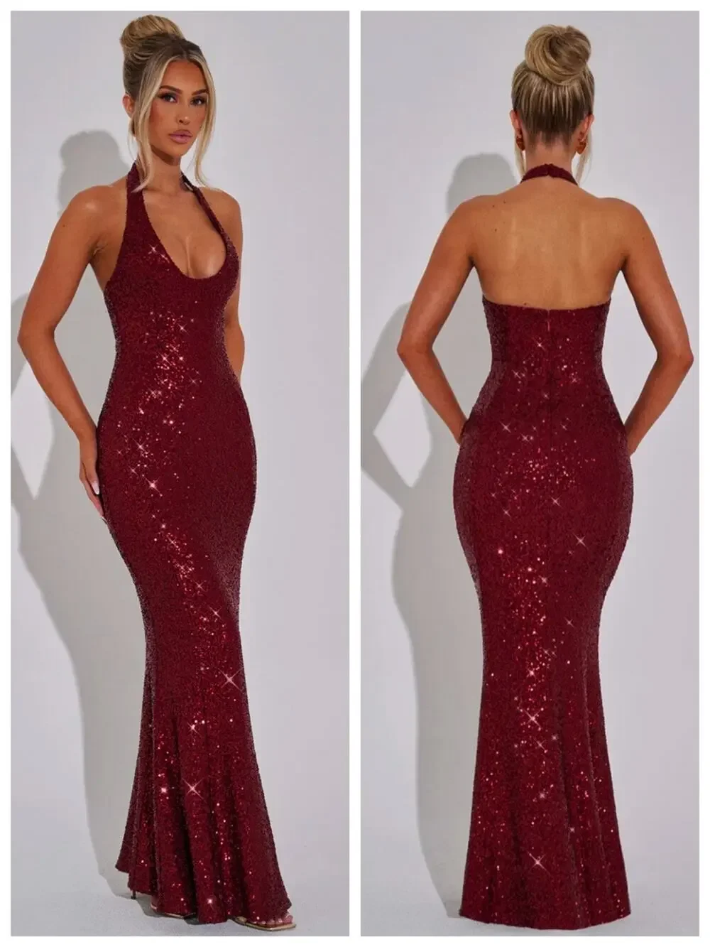 Babyboo Odette Wine Sequin Halter Maxi Dress Size S NWT Formal Gown - Picture 1 of 4